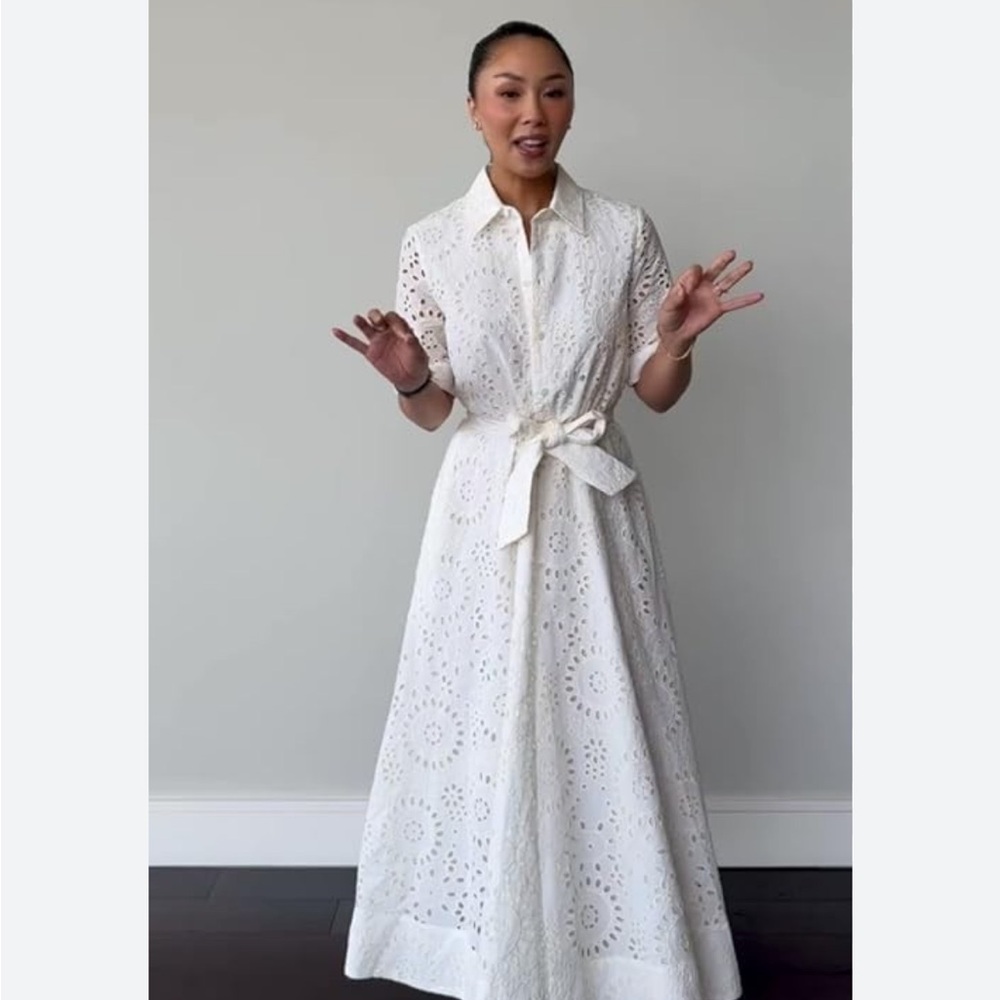 Zara NWT ZW Collection white embroidered belted midi dress short sleeve 8223/087